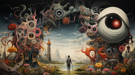 person walking through an opening gate looking at alien creatures, in the style of psychedelic surrealist landscapes