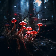 Colorful Light Tropical Mushroom Jungle Plants. Magic mushrooms fly agaric in the forest, a fabulous thicket of the forest.