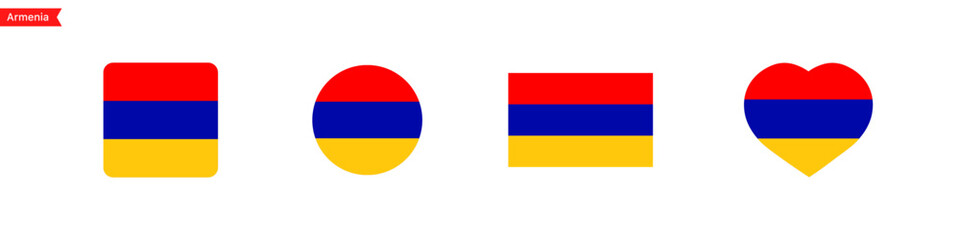 Armenia flag icons. Armenia flag set symbols. National symbol. Square, circle, heart shape flags. Vector isolated