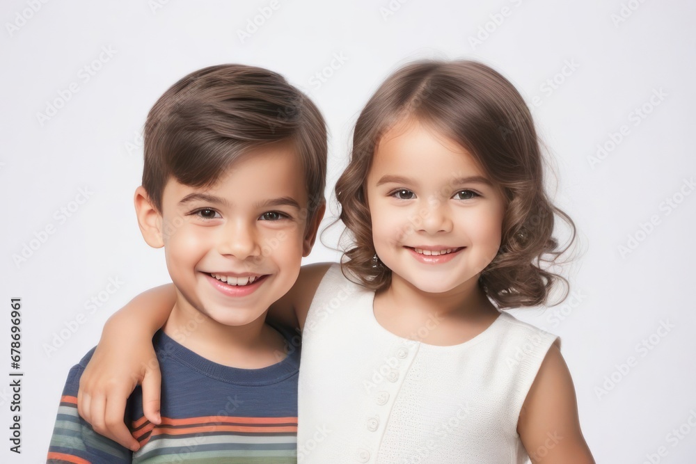 Wall mural happy young kids boy and girl smiling. concept of children's friendship, happiness, family, kindness