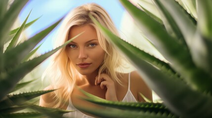 beautiful blonde woman behind aloe vera plant