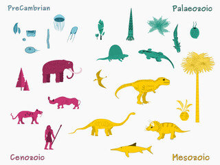 History of life on Earth. Set of animals showing evolution of life