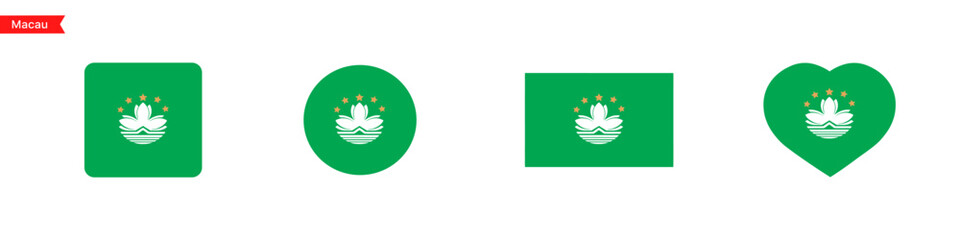 National flag of Macau. Macau flag icons for language selection. Macau flag in the shape of a square, circle, heart. Vector icons