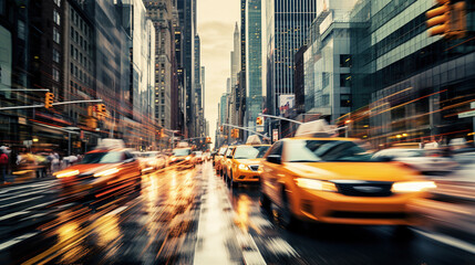 Fototapeta na wymiar Cars in movement with motion blur. A crowded street scene in downtown Manhattan