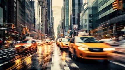 Fotobehang Cars in movement with motion blur. A crowded street scene in downtown Manhattan © Boraryn