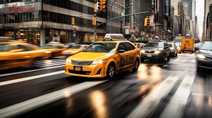 Tuinposter Cars in movement with motion blur. A crowded street scene in downtown Manhattan © Boraryn