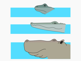 Semiaquatic animals: frog, crocodile, and hippopotamus in water