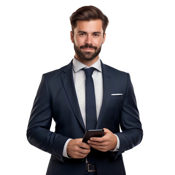 Portrait of a handsome businessman looking at the camera, holding a phone, isolated on transparent background