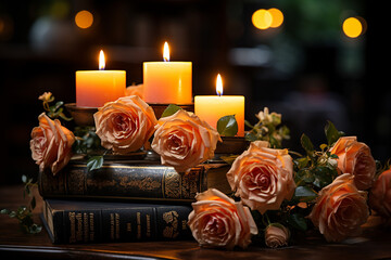 Obraz premium Burning candles on a table indoors.Twilight and relax. AI