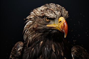 american eagle bird dripping with oil, with blood on beak, concept representing environmental disaster, oil spill