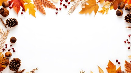 Autumn composition frame made of autumn leaves, acorn, pine cones, flower on white background. Flat lay design, top view - Powered by Adobe