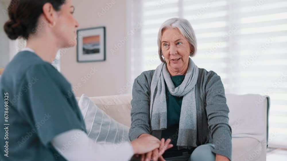 Sticker Consulting, caregiver and senior woman on sofa for care, empathy and medical service in home. Healthcare, retirement and nurse talking to elderly patient in living room for help, support and wellness