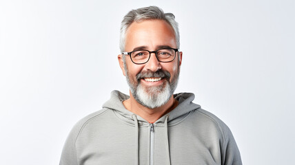 Portrait of happy senior man in sportswear and glasses smiling at camera on white background. 

 - obrazy, fototapety, plakaty