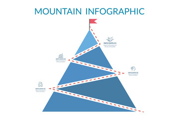 Path on mountain infographic to success. Six step mountain. Business strategy and target. climbing route to goal. business and achievement concept. red flag on top. vector illustration.
