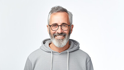 Portrait of bearded middle-aged man wearing glasses looking on camera isolated on white background.
