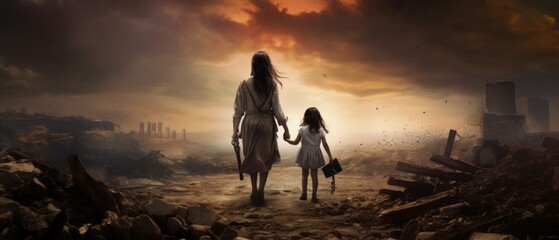 Mother and son holding hands with love on dramatic background. AI generated