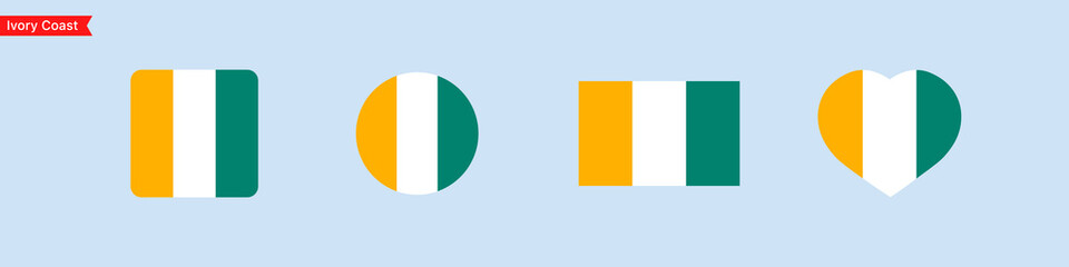 Ivory Coast flag icons. Ivory Coast flag set symbols. National symbol. Square, circle, heart shape flags. Vector isolated