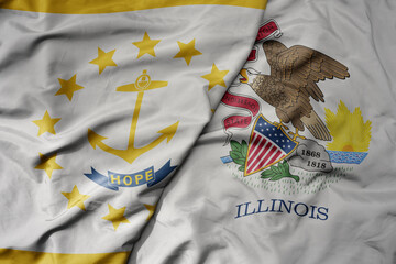 big waving colorful national flag of illinois state and flag of rhode island state .