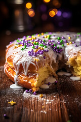 closeup of a king cake typical of new orleans