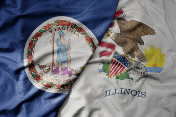 Fototapeta na wymiar big waving colorful national flag of illinois state and flag of virginia state .