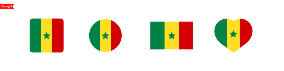 National flag of Sinegal. Sinegal flag icons in the shape of a square, circle, heart. Isolated flag symbols for language selection. Vector icons
