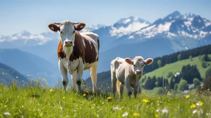 Gardinen Brown and white cow stands relaxed with her calf in the grass on the meadow in the Alps. © Irina
