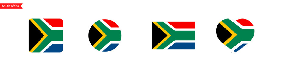 National flag of South Africa. South Africa flag icons for language selection. South Africa flag in the shape of a square, circle, heart. Vector icons
