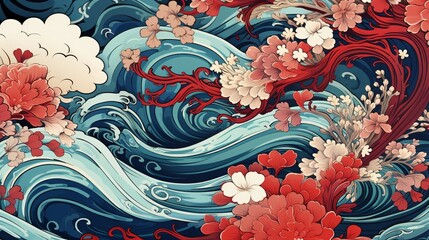 a painting of a wave with flowers on it