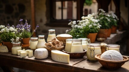 Fototapeta premium Rustic selection of dairy products on wooden table in front of an old farmhouse, organic food concept.