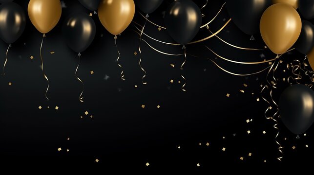Fototapeta free photos Gold yellow balloons and falling foil confetti on black background for writing space.Generative AI