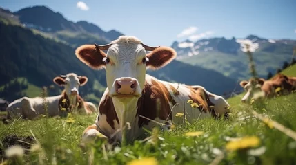 Gardinen Relaxed cow lies on alpine meadow, chews grass, snow-capped mountains in the background. © Irina