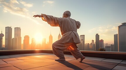 old Chinese man practice tai chi on the roof of building at sunrise morning	
 - obrazy, fototapety, plakaty