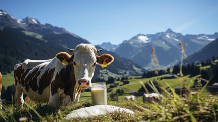 Herd of cows grazing in a sunny alpine meadow, picturesque mountains blurred behind them.
