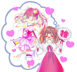 推し活をする女性と女性アイドル　赤色