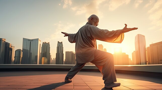 Senior Chinese man practice tai chi on the roof of building at sunrise morning
