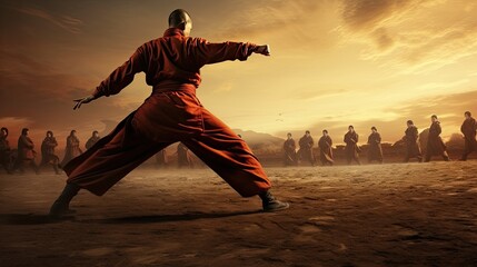 Kung fu master in a desert. Martial arts concept - obrazy, fototapety, plakaty