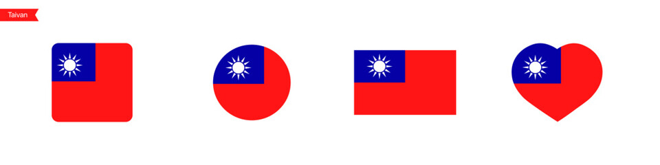National flag of Taiwan. Taiwan flag icons in the shape of a square, circle, heart. Isolated flag symbols for language selection. Vector icons