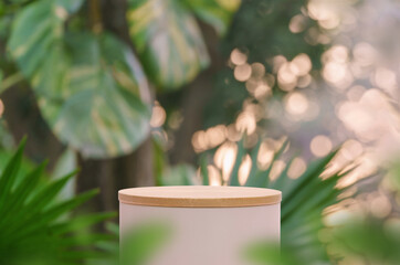 Minimal podium table top outdoors blur green leaf tropical forest plant background.beauty cosmetic...