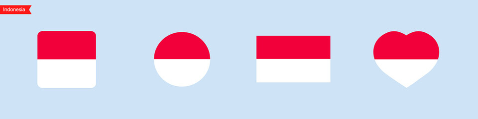 Indonesia national flag. Indonesia flag icons for UI design. Isolated flag symbols in the shape of a square, circle, heart. Vector icons
