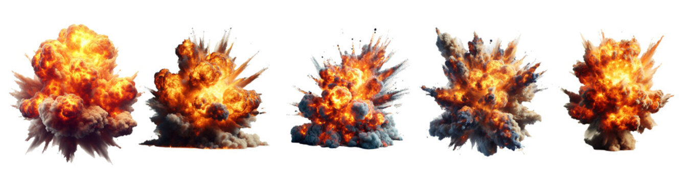 Set of explosions isolated on transparent background