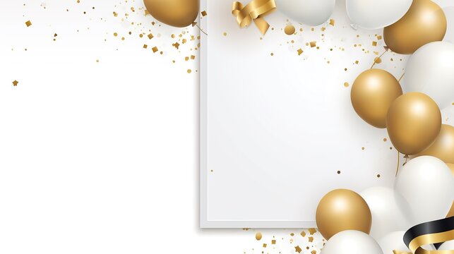 free photos golden yellow balloons and gold foil confetti falling on white background.with box for writing.Generative AI