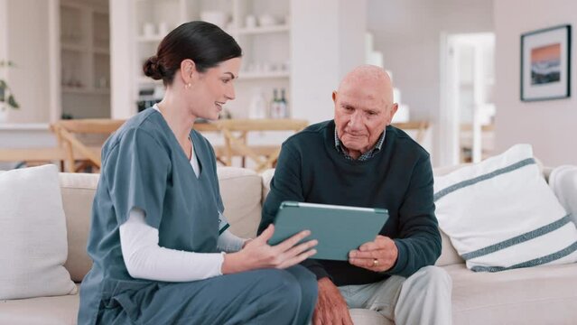 Senior man, home nurse and tablet for healthcare results, talking of insurance and planning medical care on sofa. Retirement help, ADN worker or caregiver with elderly patient on digital technology