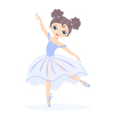 Beautiful cute ballerina in a blue dress with pointe shoes. On a white background