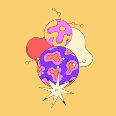 Vibrant vector illustration with abstract patterned planets, stars on yellow background. Bright galactic. Cartoon space. Playful, surreal, and colorful style. Notebook cover, poster, t-shirt print