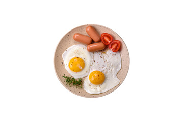 Fried chicken eggs, sausages, cherry tomatoes, chickpeas, spices, salt and herbs