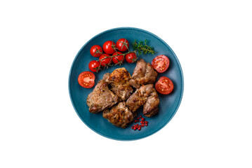 Delicious fried shish kebab of chicken or pork meat with salt, spices and herbs