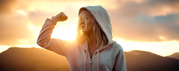 Beautiful blonde woman in hoody flexing her arm in sign of determination, confidence and self respect
