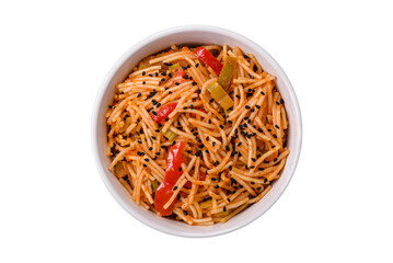 Delicious udon noodles with meat or seafood, vegetables, salt and spices