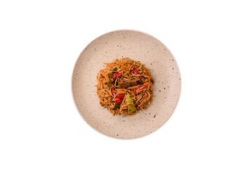 Delicious udon noodles with meat or seafood, vegetables, salt and spices