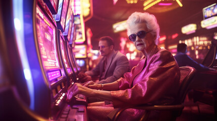 Fototapeta na wymiar Old woman gambling in casino playing at slot machines